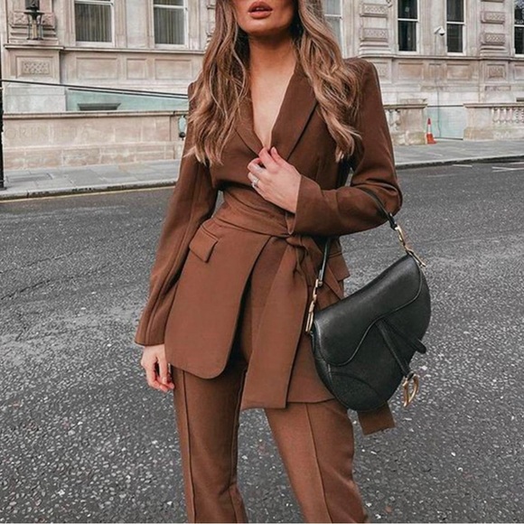Glitz Jackets & Blazers - Elegant Brown Women's Suit Set